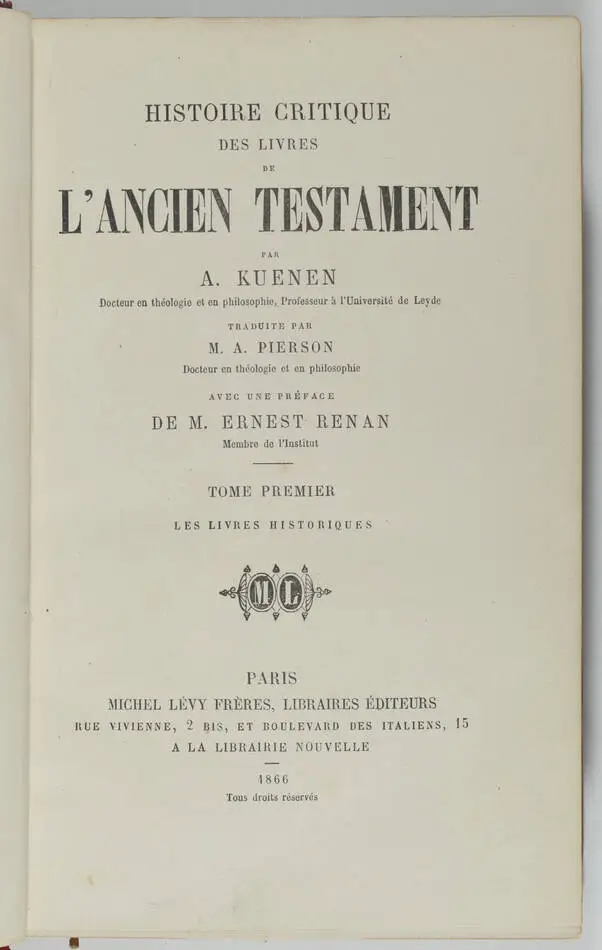 KUENEN - Histoire des livres de l Ancien Testament - 1866-1879 - Ex-libris - Photo 2, livre rare du XIXe siècle