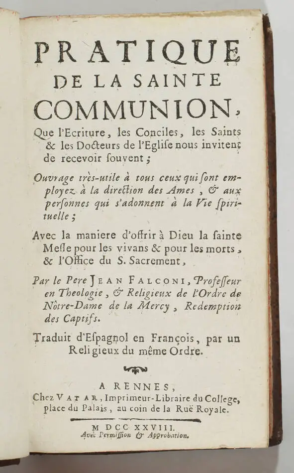 [Bretagne] FALCONI Pratique de la Sainte Communion - Rennes, Vatar, 1728 - Photo 1, livre ancien du XVIIIe siècle