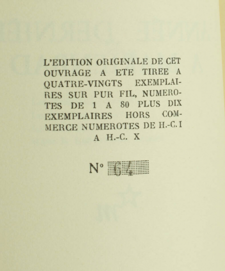 ROBBE-GRILLET - L'année dernière à Marienbad - 1961 - EO  - 1/90 pur fil - Photo 0, livre rare du XXe siècle