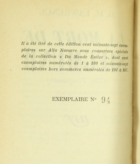 LAWRENCE (David Herbert). La mort de Siegmund, livre rare du XXe siècle