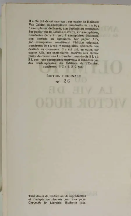 MAUROIS - Olympio ou la vie de Victor Hugo - 1954 - Envoi - 1/700 Alfa - Photo 2, livre rare du XXe siècle