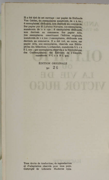 MAUROIS - Olympio ou la vie de Victor Hugo - 1954 - Envoi - 1/700 Alfa - Photo 2, livre rare du XXe siècle