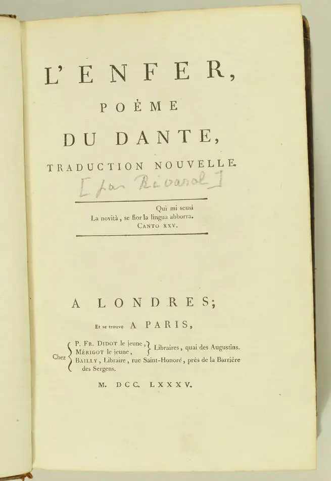 DANTE - L enfer, poème du Dante, traduction de Rivarol 1785 - Ex-libris Arenberg - Photo 2, livre ancien du XVIIIe siècle