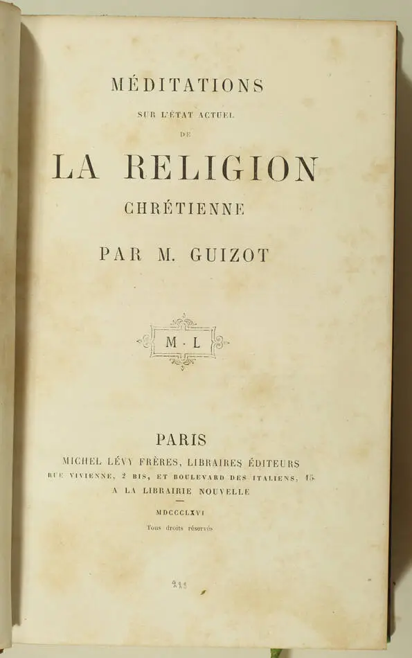 GUIZOT - Méditations religion chrétienne - 1864-6 - 2 vol - Ex-libris d Harcourt - Photo 2, livre rare du XIXe siècle