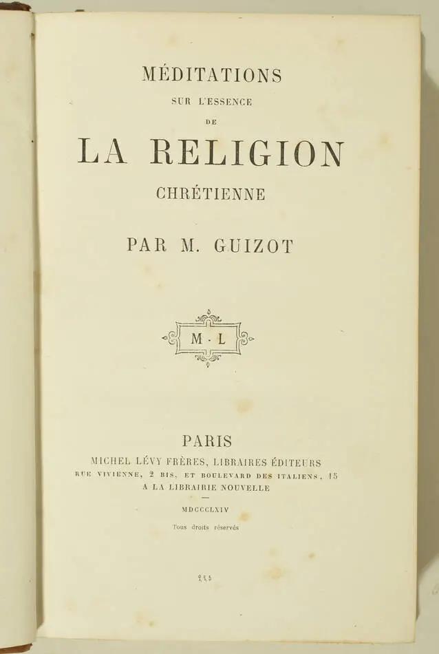 GUIZOT - Méditations religion chrétienne - 1864-6 - 2 vol - Ex-libris d Harcourt - Photo 3, livre rare du XIXe siècle