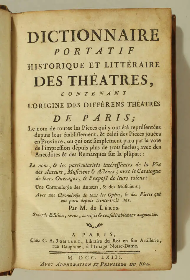 LERIS - Dictionnaire historique et littéraire des théatres - 1763 - Photo 0, livre ancien du XVIIIe siècle