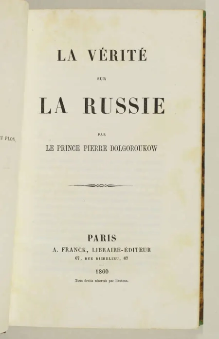 DOLGOROUKOW - La vérité sur la Russie - 1860 - Ex-libris Harcourt - Photo 2, livre rare du XIXe siècle