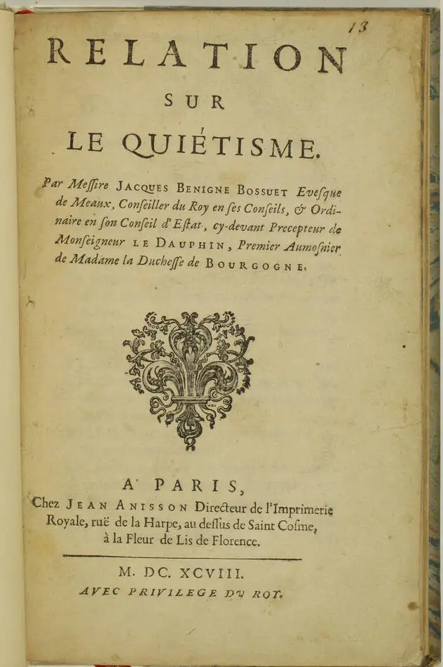 BOSSUET - Relation sur le quiétisme - 1698 - Edition originale - Photo 0, livre ancien du XVIIe siècle