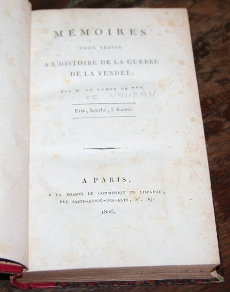 [REVOLUTION] VAUBAN - Mémoires de la guerre de la VENDEE - 1806 - EO - Photo 1, livre ancien du XIXe siècle