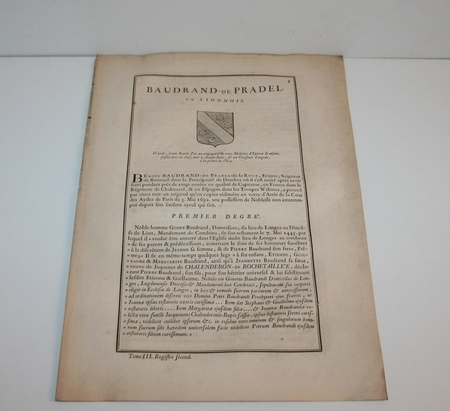 HOZIER (Louis Pierre d') et d'HOZIER DE SERIGNY. Généalogie de la famille Baudrand de Pradel en Lionnois, livre ancien du XVIIIe siècle