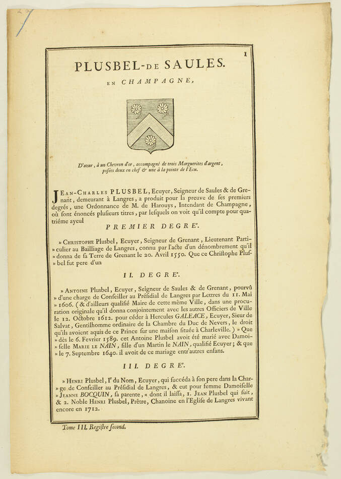 Hozier - Généalogie Plusbel de Saules - 1741 - Champagne - Photo 1, livre ancien du XVIIIe siècle