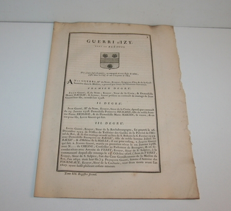 HOZIER (Louis Pierre d') et d'HOZIER DE SERIGNY. Généalogie de la famille Guerri d'Izy, dans le Blésois, livre ancien du XVIIIe siècle
