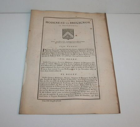 HOZIER (Louis Pierre d') et d'HOZIER DE SERIGNY. Généalogie de la famille Hodeneau de Breuignon, en Nivernois, livre ancien du XVIIIe siècle