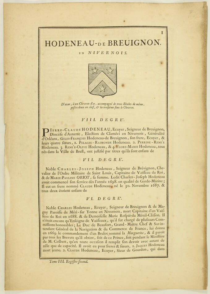 Hozier - Généalogie Hodeneau de Breuignon - 1741 - Nivernais - Photo 1, livre ancien du XVIIIe siècle