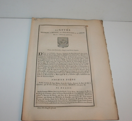 HOZIER (Louis Pierre d') et d'HOZIER DE SERIGNY. Généalogie de la famille de Givès, seigneurs de Belneuf, des Bois-Besnards et de Creusi, dans l'Orléanois, livre ancien du XVIIIe siècle