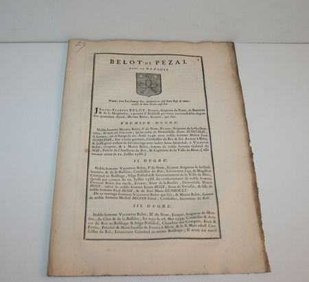 HOZIER (Louis Pierre d') et d'HOZIER DE SERIGNY. Généalogie de la famille Belot de Pezai, dans le Blésois, livre ancien du XVIIIe siècle
