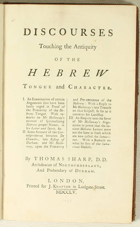 SHARP Discourses touching the antiquity of the hebrew. Tongue and character 1755 - Photo 0, livre ancien du XVIIIe siècle