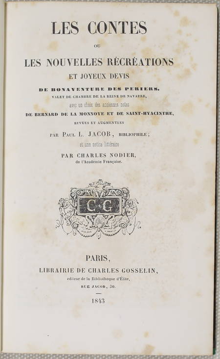 Bonaventure des Periers -  Contes ou nouvelles récréations et joyeux devis 1843 - Photo 1, livre rare du XIXe siècle