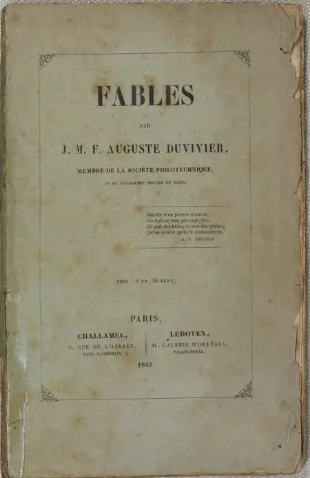 Fables, par J. M. F. Auguste Duvivier - 1843 - Photo 1, livre rare du XIXe siècle