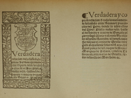 ALBENINO (Nicolao de). Verdadera relacion delo sussedido enlos Reynos e prouincias del Peru desde la yda a ellos del Virey Blasco Nunes Vela hasta el desbarato y muerte de Gonçalo Piçarro (Sevilla, 1549), livre rare du XXe siècle