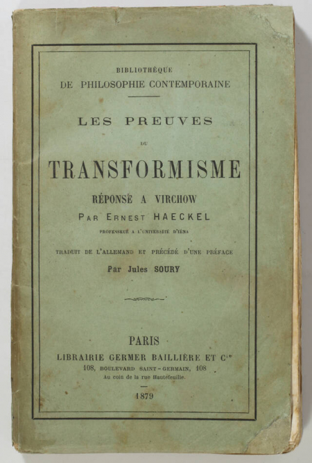 HAECKEL (Ernest). Les preuves du transformisme. Réponse à Virchow, livre rare du XIXe siècle