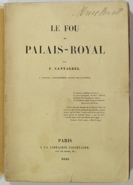 CANTAGREL (François).. Le fou du Palais-Royal, livre rare du XIXe siècle